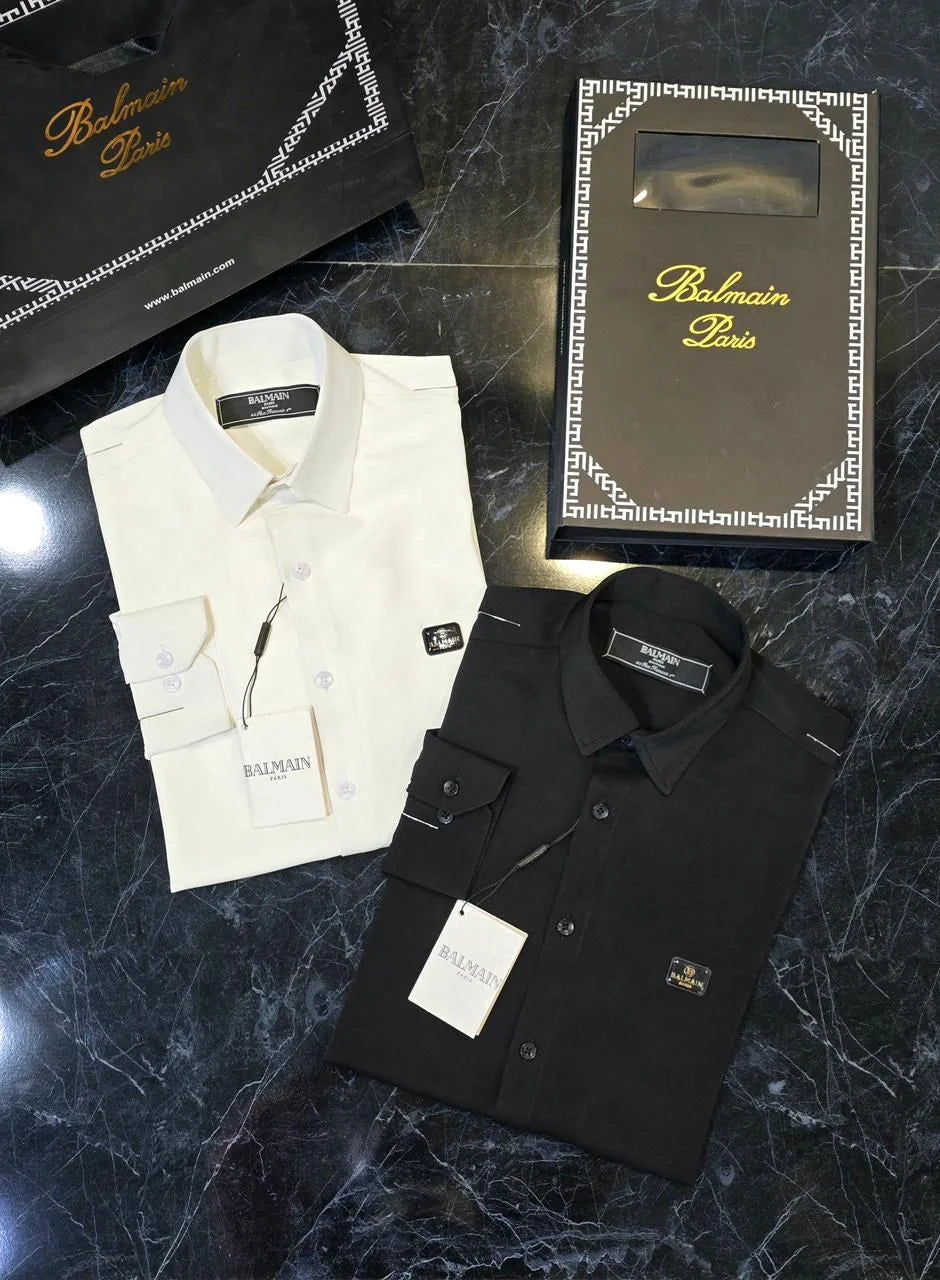 BALMAIN || Men’s Luxury Long-Sleeve Dress Shirt with Branded Metal Chest Badge
