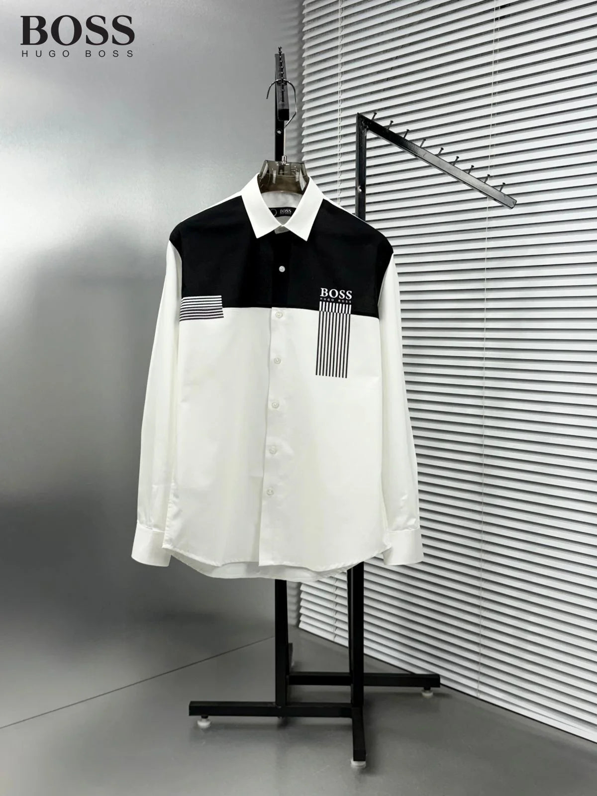 HUGO BOSS || Men's Slim-Fit Colorblock Shirt - White & Black with Logo Print