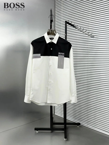 HUGO BOSS || Men's Slim-Fit Colorblock Shirt - White & Black with Logo Print
