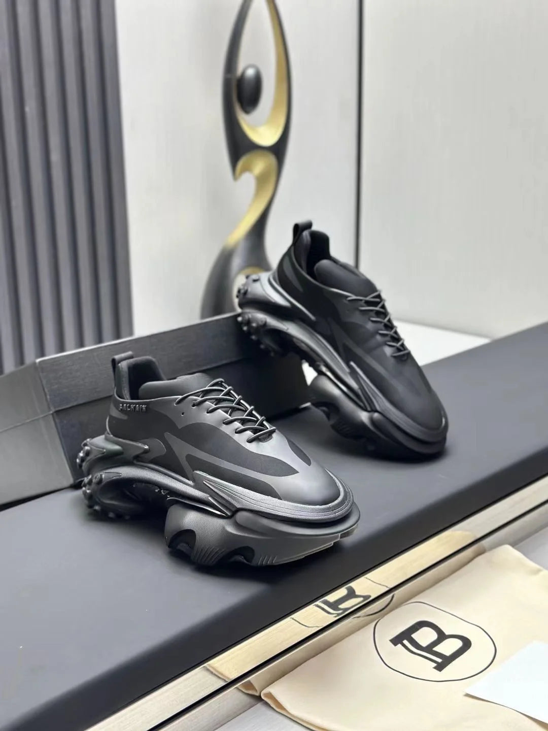 BALMAIN || Unicorn Low-Top Sneakers in Neoprene and Leather – Matte Black