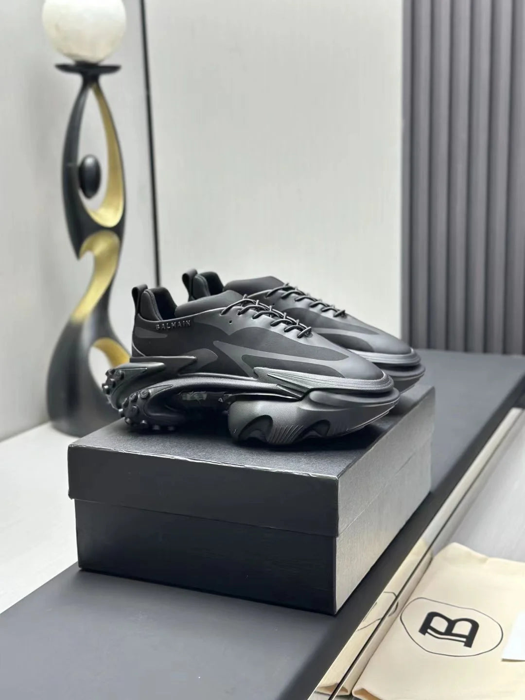 BALMAIN || Unicorn Low-Top Sneakers in Neoprene and Leather – Matte Black