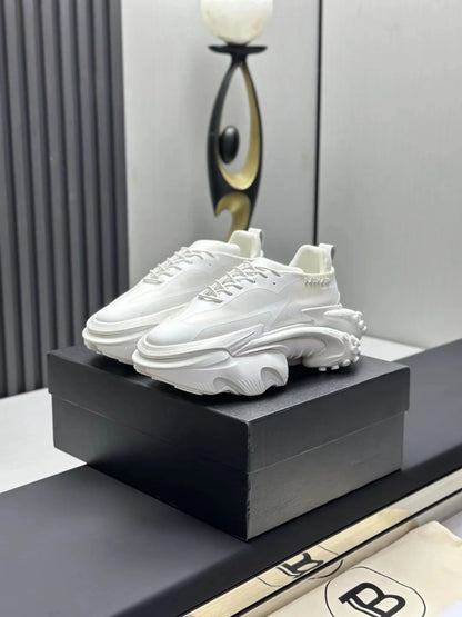 BALMAIN || Unicorn Low-Top Sneakers in Neoprene and Calfskin – Triple White