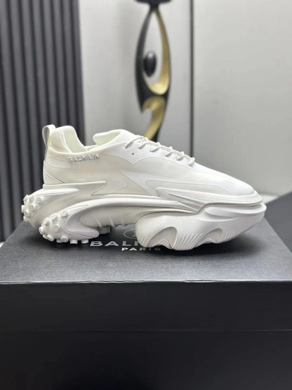 BALMAIN || Unicorn Low-Top Sneakers in Neoprene and Calfskin – Triple White