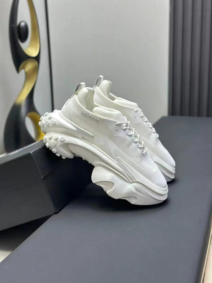 BALMAIN || Unicorn Low-Top Sneakers in Neoprene and Calfskin – Triple White