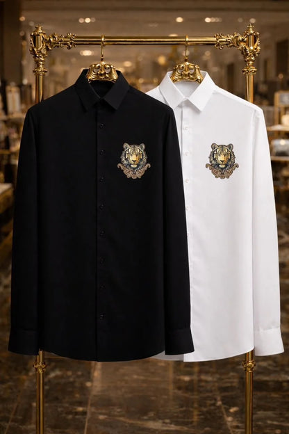 GUCCI || Men’s Embroidered Tiger Head Cotton Poplin Shirt