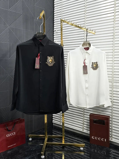 GUCCI || Men’s Embroidered Tiger Head Cotton Poplin Shirt