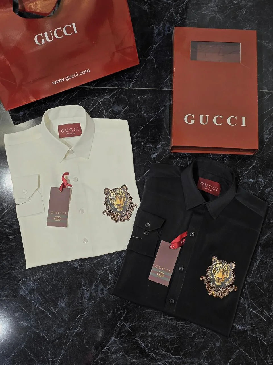 GUCCI || Men’s Embroidered Tiger Head Cotton Poplin Shirt