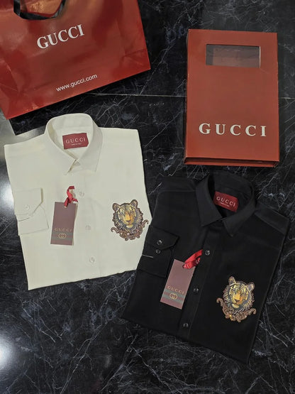 GUCCI || Men’s Embroidered Tiger Head Cotton Poplin Shirt