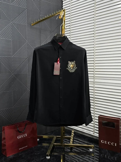 GUCCI || Men’s Embroidered Tiger Head Cotton Poplin Shirt