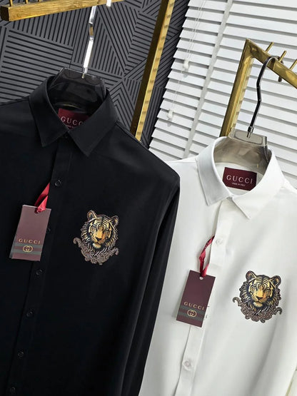 GUCCI || Men’s Embroidered Tiger Head Cotton Poplin Shirt