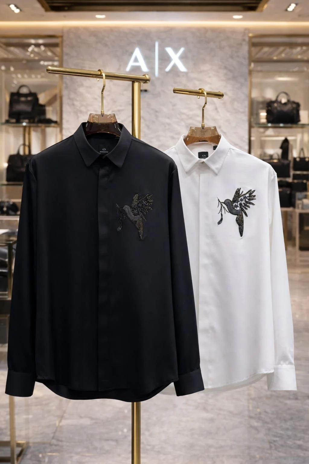 ARM*NI EXCH*NGE || A|X Crystal-Embellished Bird Motif Button-Down Shirt