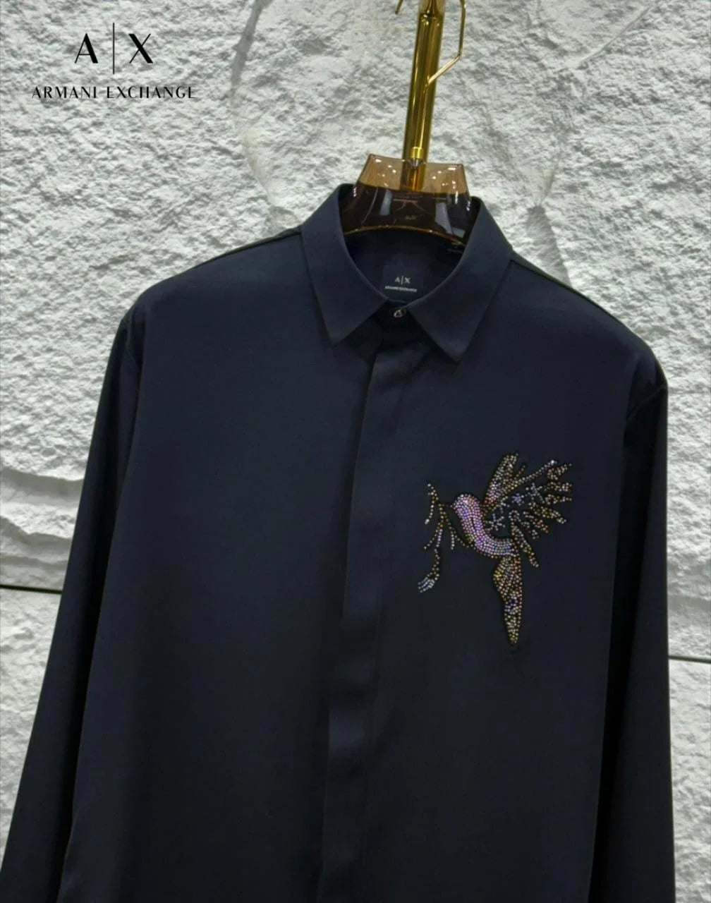 ARM*NI EXCH*NGE || A|X Crystal-Embellished Bird Motif Button-Down Shirt