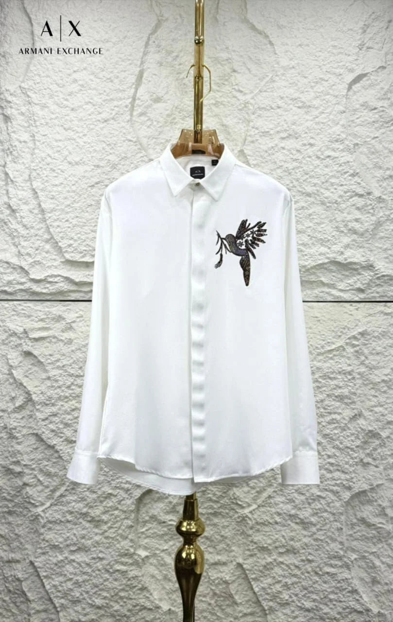 ARM*NI EXCH*NGE || A|X Crystal-Embellished Bird Motif Button-Down Shirt