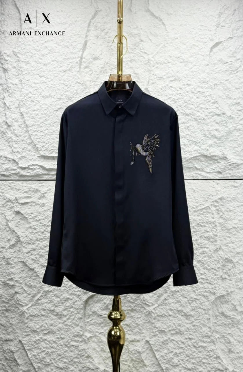 ARM*NI EXCH*NGE || A|X Crystal-Embellished Bird Motif Button-Down Shirt