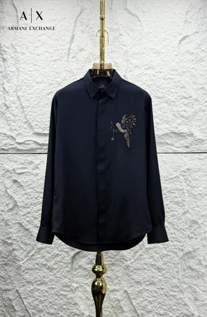 ARM*NI EXCH*NGE || A|X Crystal-Embellished Bird Motif Button-Down Shirt