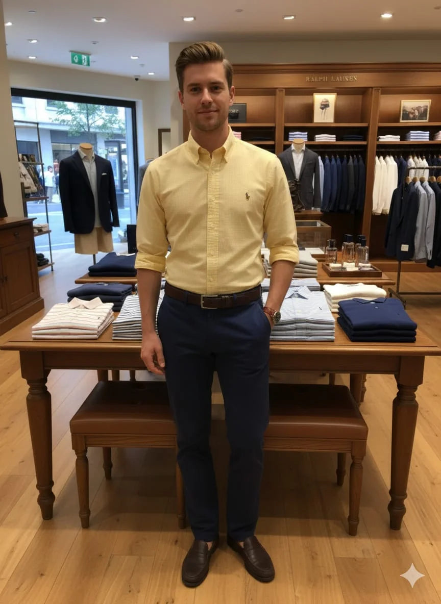 POLO RALPH LAUREN || Men's Slim Fit Yellow/Skyblue Gingham Oxford Shirt – Button-Down Collar