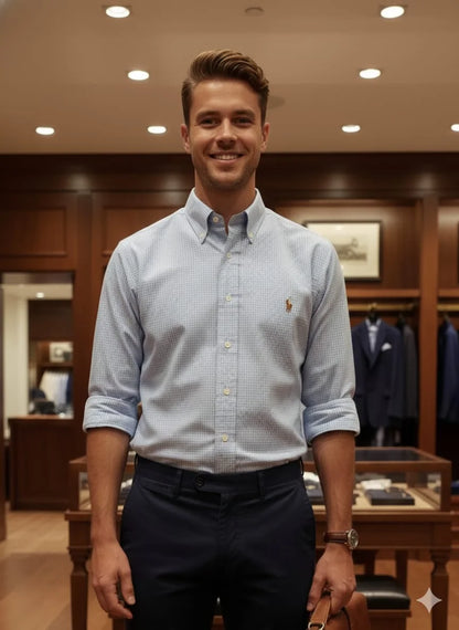 POLO RALPH LAUREN || Men's Slim Fit Yellow/Skyblue Gingham Oxford Shirt – Button-Down Collar