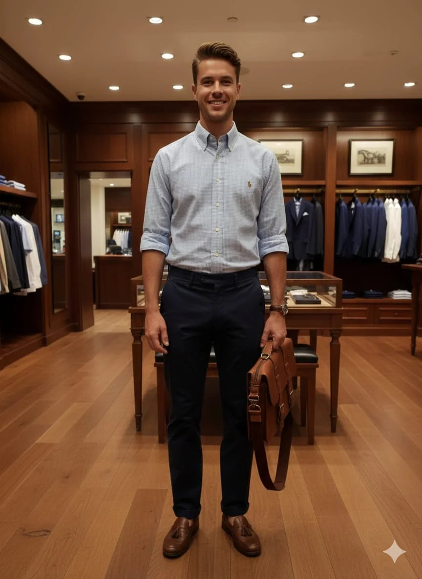 POLO RALPH LAUREN || Men's Slim Fit Yellow/Skyblue Gingham Oxford Shirt – Button-Down Collar