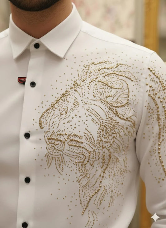 GUCCI || Men's Lion Head Crystal-Embellished Cotton Poplin Shirt