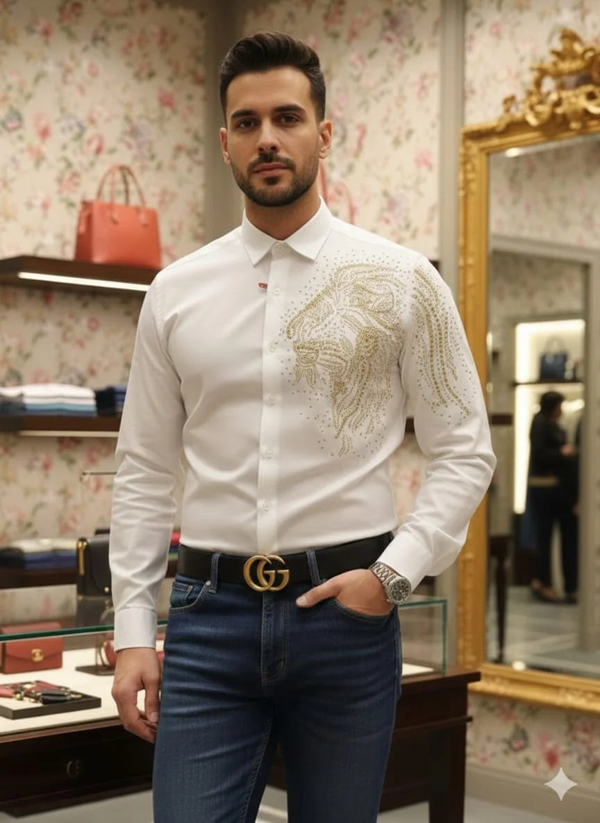 GUCCI || Men's Lion Head Crystal-Embellished Cotton Poplin Shirt