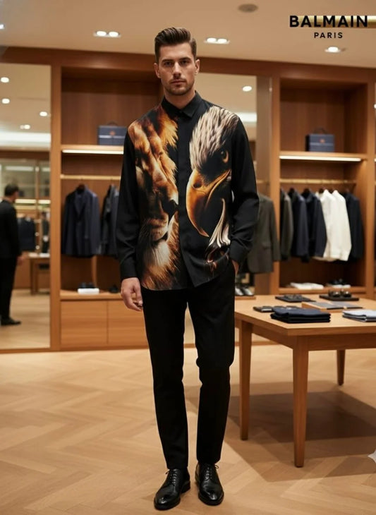 BALMAIN PARIS || Men’s Lion & Eagle Graphic Silk-Blend Shirt – Black Luxury Statement Piece- FASHION MYST