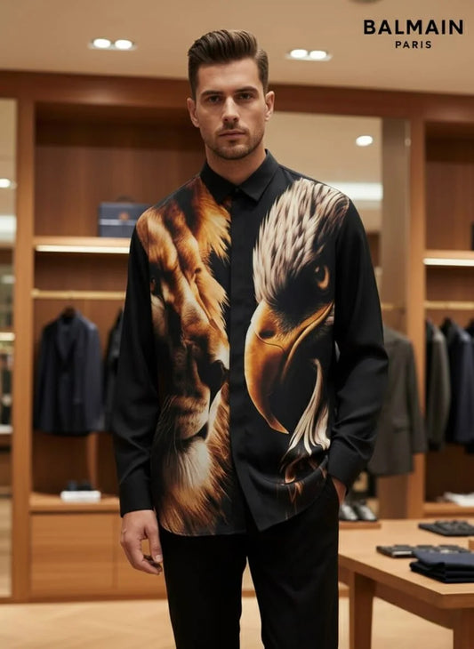BALMAIN PARIS || Men’s Lion & Eagle Graphic Silk-Blend Shirt – Black Luxury Statement Piece- FASHION MYST