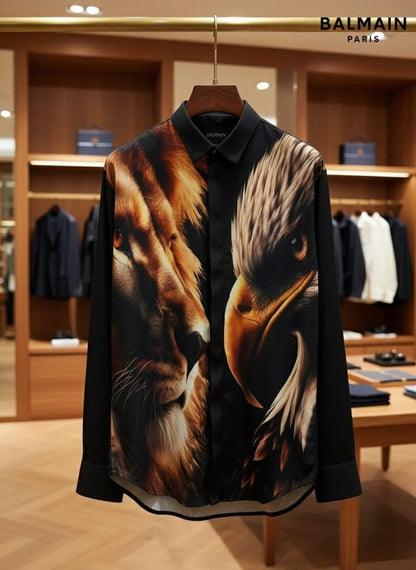 BALMAIN PARIS || Men’s Lion & Eagle Graphic Silk-Blend Shirt – Black Luxury Statement Piece- FASHION MYST