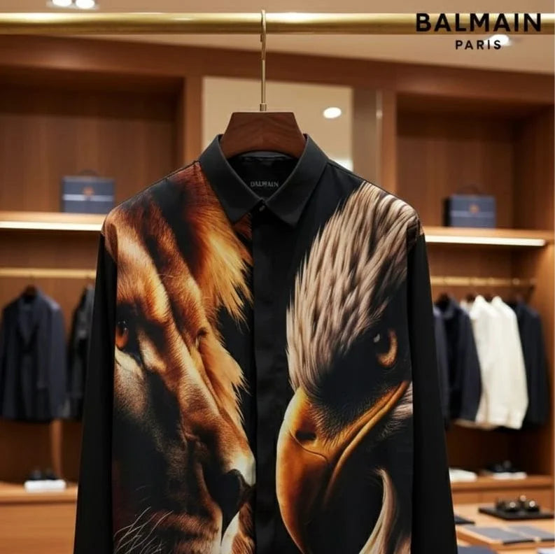 BALMAIN PARIS || Men’s Lion & Eagle Graphic Silk-Blend Shirt – Black Luxury Statement Piece- FASHION MYST