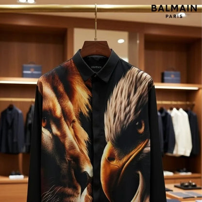 BALMAIN PARIS || Men’s Lion & Eagle Graphic Silk-Blend Shirt – Black Luxury Statement Piece- FASHION MYST