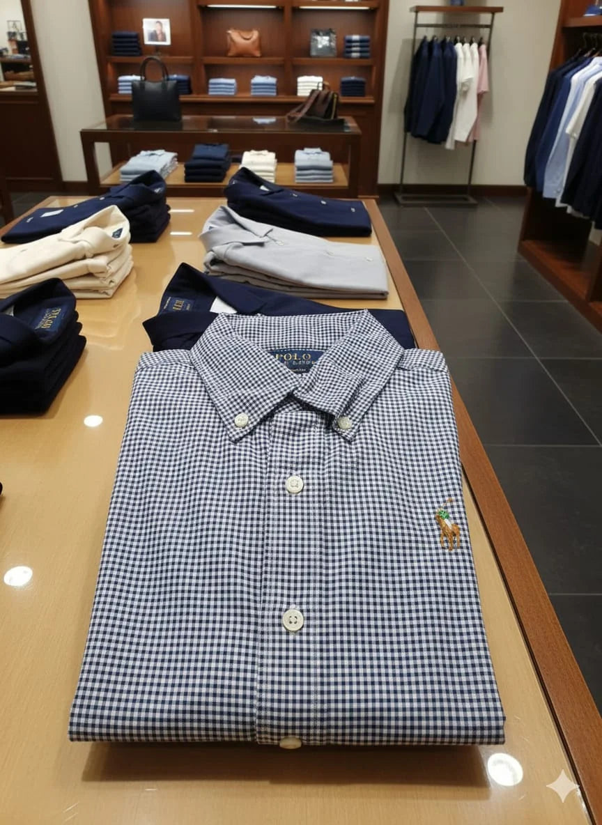 POLO RALPH LAUREN || Men’s Slim Fit Gingham Check Cotton Oxford Shirt – Navy/White- FASHION MYST
