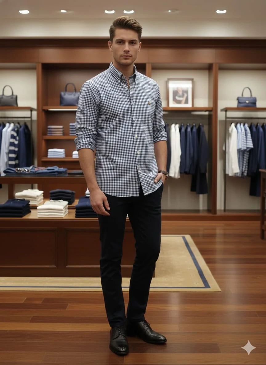 POLO RALPH LAUREN || Men’s Slim Fit Gingham Check Cotton Oxford Shirt – Navy/White- FASHION MYST