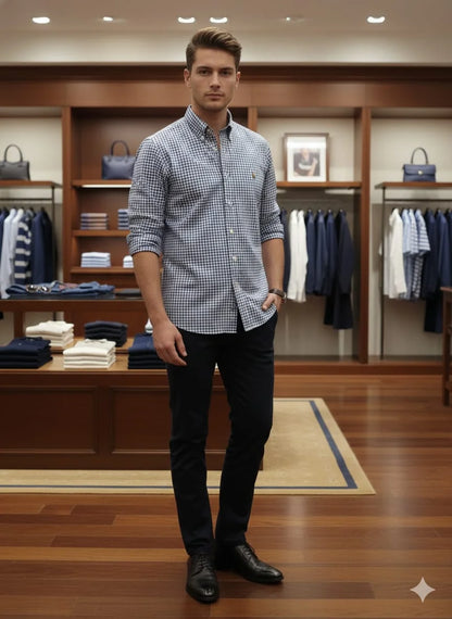 POLO RALPH LAUREN || Men’s Slim Fit Gingham Check Cotton Oxford Shirt – Navy/White- FASHION MYST