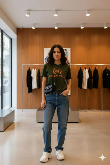 BALENCIAGA || Women’s BB Laurel Logo T-Shirt – Premium Cotton Streetwear Tee | Designer Short Sleeve Top in Black, Olive, Mustard & Sage