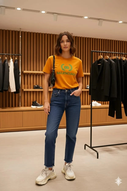 BALENCIAGA || Women’s BB Laurel Logo T-Shirt – Premium Cotton Streetwear Tee | Designer Short Sleeve Top in Black, Olive, Mustard & Sage