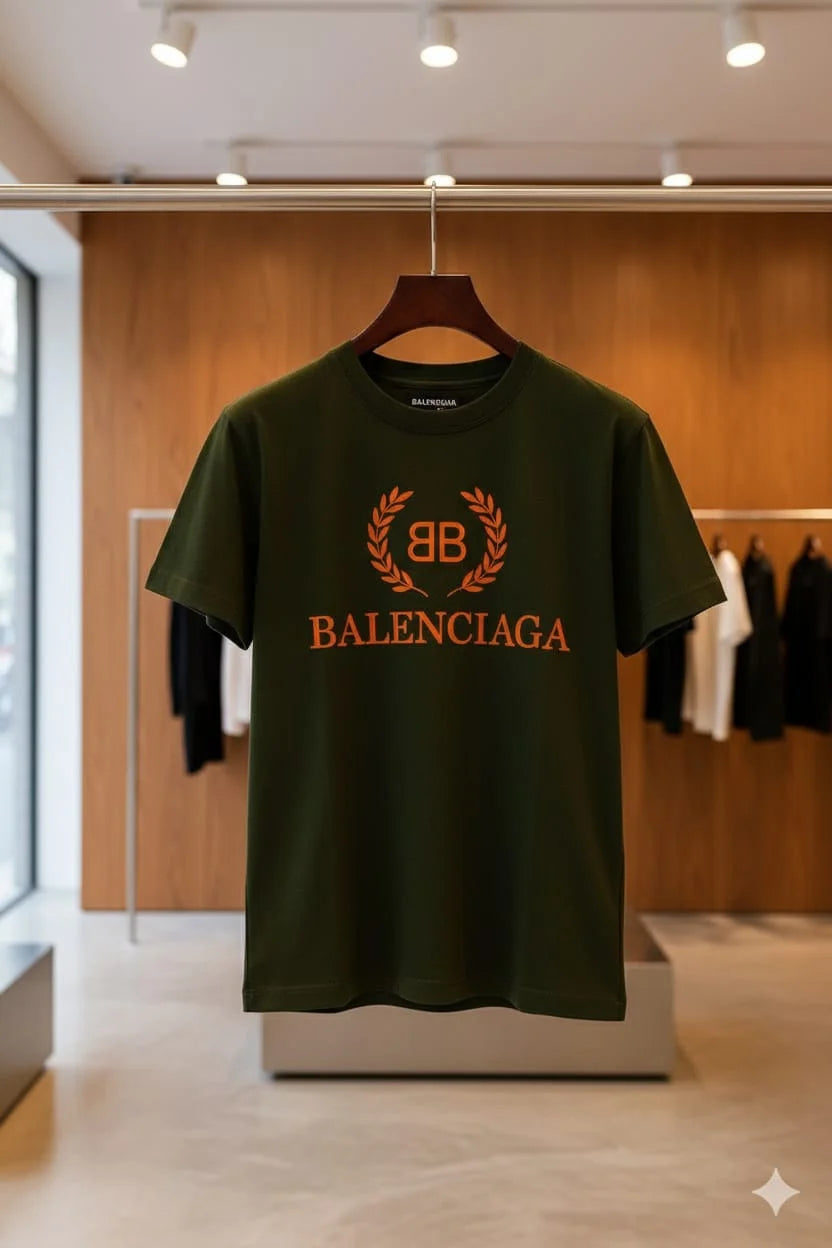 BALENCIAGA || Women’s BB Laurel Logo T-Shirt – Premium Cotton Streetwear Tee | Designer Short Sleeve Top in Black, Olive, Mustard & Sage