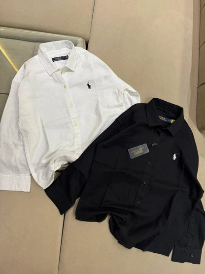 POLO RALPH LAUREN || Women’s Relaxed Fit Linen Shirt – Iconic Pony Embroidery | Lightweight Designer Button-Down in Black & White