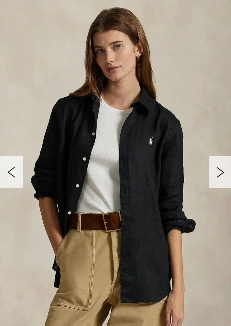 POLO RALPH LAUREN || Women’s Relaxed Fit Linen Shirt – Iconic Pony Embroidery | Lightweight Designer Button-Down in Black & White