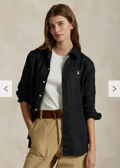 POLO RALPH LAUREN || Women’s Relaxed Fit Linen Shirt – Iconic Pony Embroidery | Lightweight Designer Button-Down in Black & White