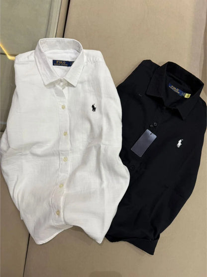 POLO RALPH LAUREN || Women’s Relaxed Fit Linen Shirt – Iconic Pony Embroidery | Lightweight Designer Button-Down in Black & White