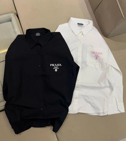 PRADA || Milano Women’s Logo Pocket Linen Shirt – Oversized Button-Down | Luxury Designer Blouse in Black & White