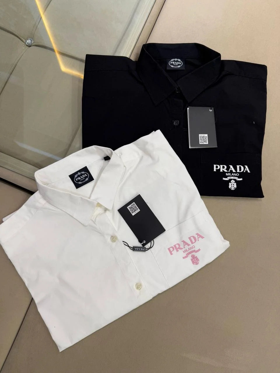 PRADA || Milano Women’s Logo Pocket Linen Shirt – Oversized Button-Down | Luxury Designer Blouse in Black & White