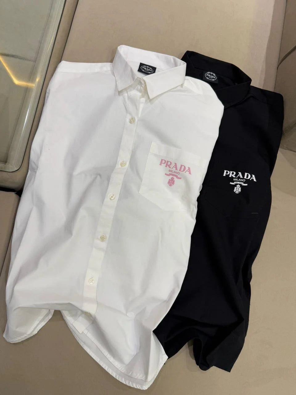 PRADA || Milano Women’s Logo Pocket Linen Shirt – Oversized Button-Down | Luxury Designer Blouse in Black & White