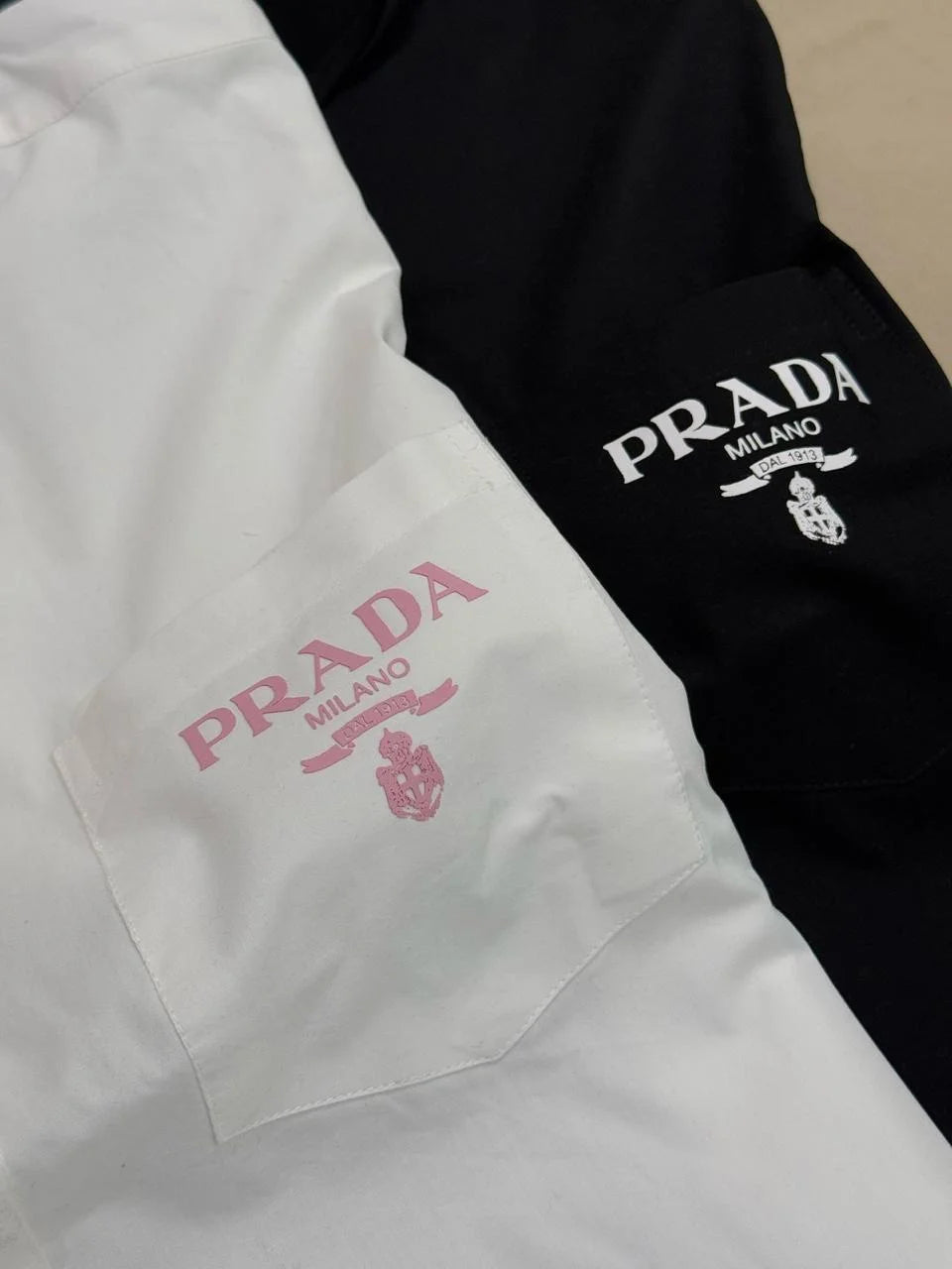 PRADA || Milano Women’s Logo Pocket Linen Shirt – Oversized Button-Down | Luxury Designer Blouse in Black & White