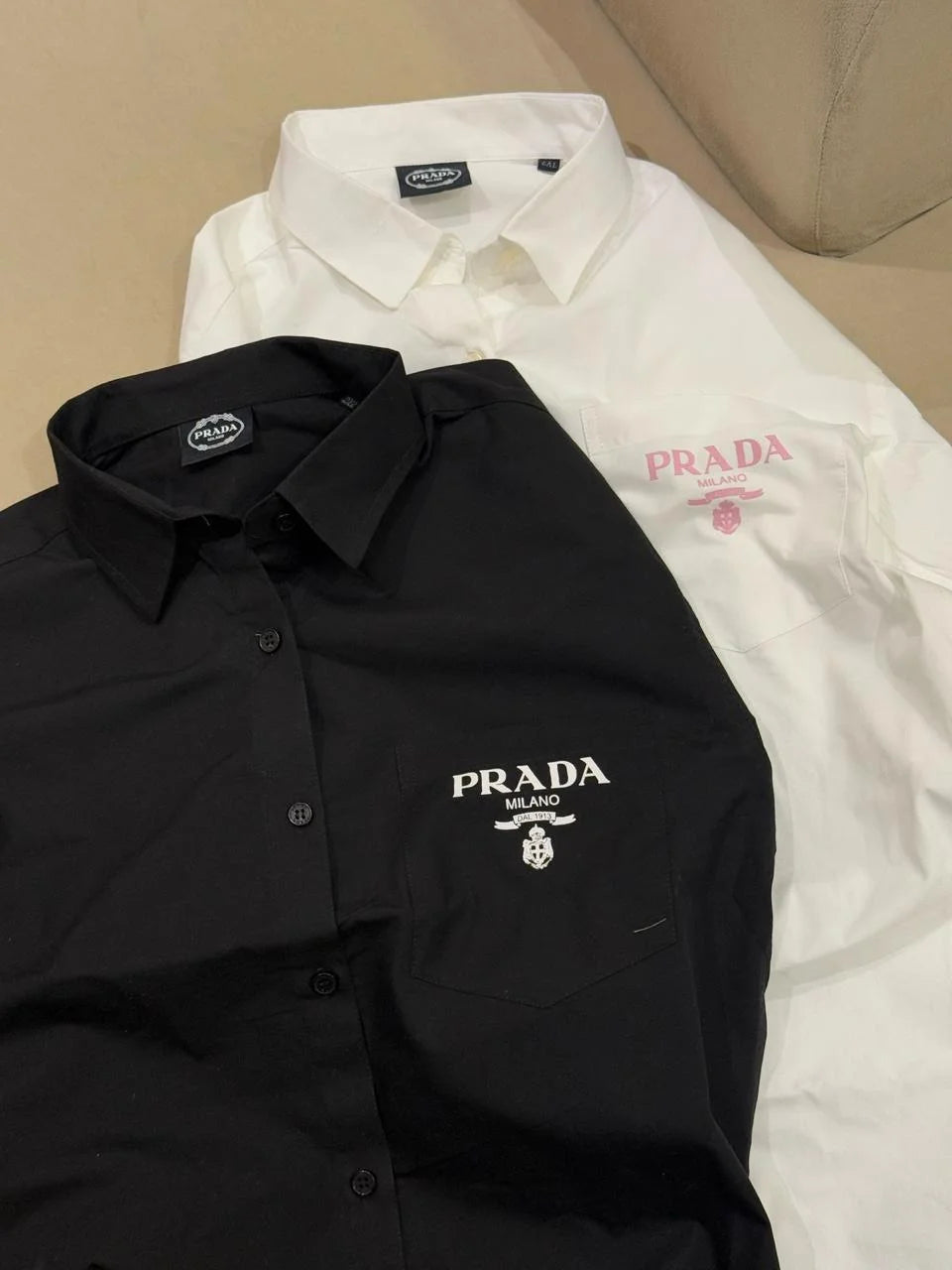 PRADA || Milano Women’s Logo Pocket Linen Shirt – Oversized Button-Down | Luxury Designer Blouse in Black & White