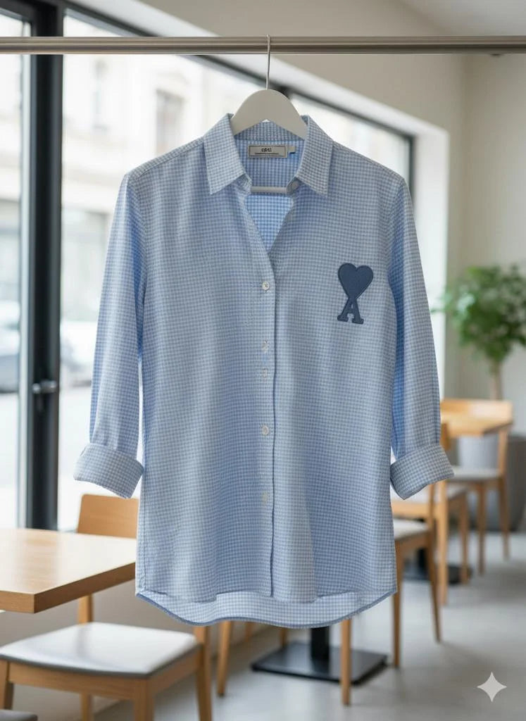 AMI PARIS || Women’s Ami de Coeur Gingham Seersucker Shirt – Embroidered Heart Logo