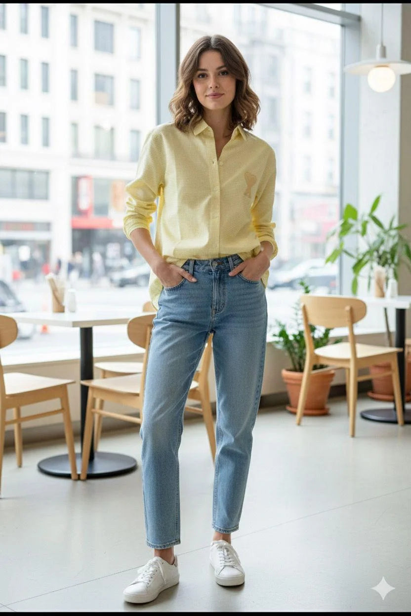 AMI PARIS || Women’s Ami de Coeur Gingham Seersucker Shirt – Embroidered Heart Logo