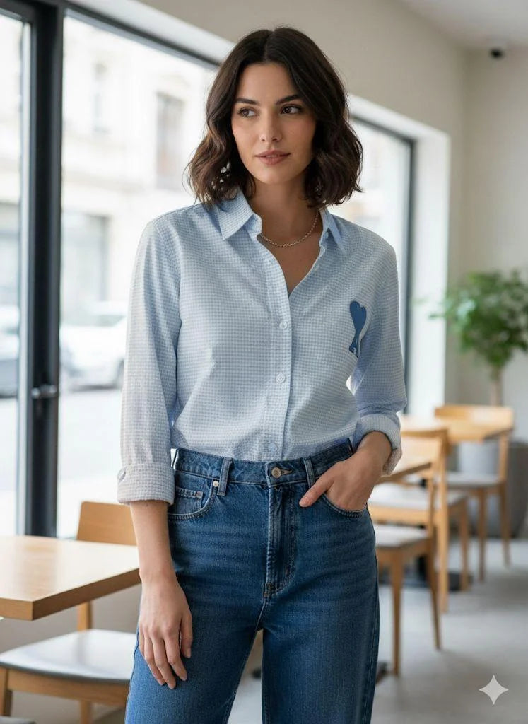 AMI PARIS || Women’s Ami de Coeur Gingham Seersucker Shirt – Embroidered Heart Logo