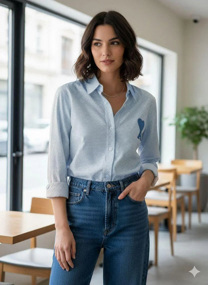 AMI PARIS || Women’s Ami de Coeur Gingham Seersucker Shirt – Embroidered Heart Logo
