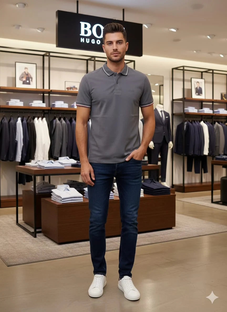 HUGO BOSS || Men's Slim-Fit Luxury Polo Shirt – Signature Tipped Collar & Cuff Design