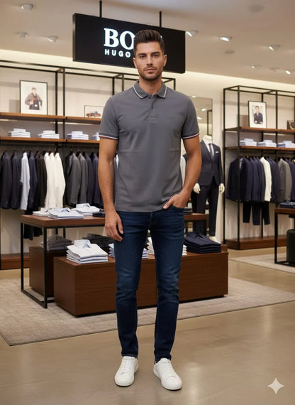 HUGO BOSS || Men's Slim-Fit Luxury Polo Shirt – Signature Tipped Collar & Cuff Design